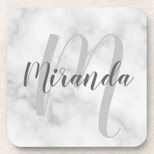 White Marble Script Personalised Monogram and Name Coaster