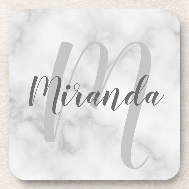 White Marble Script Personalised Monogram and Name Coaster (Front)