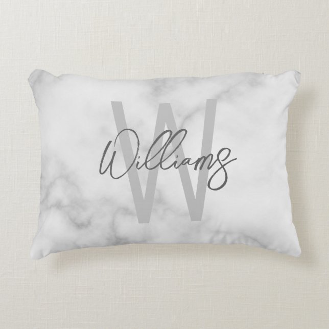 White Marble Script Personalised Monogram and Name Decorative Cushion (Front)