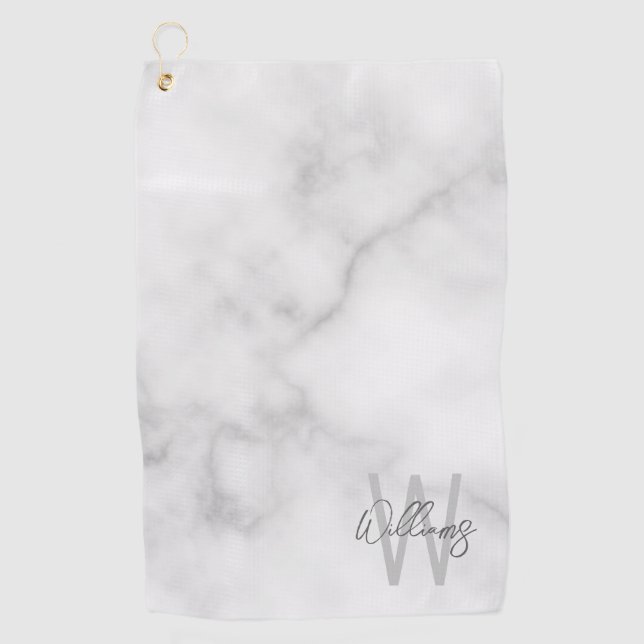 White Marble Script Personalised Monogram and Name Golf Towel (Front)
