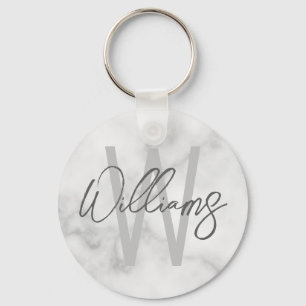 White Marble Script Personalised Monogram and Name Key Ring