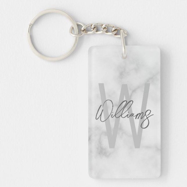 White Marble Script Personalised Monogram and Name Key Ring (Front)