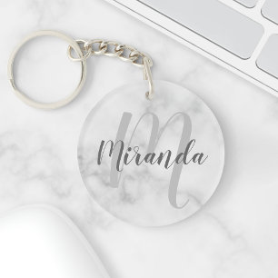 White Marble Script Personalised Monogram and Name Key Ring