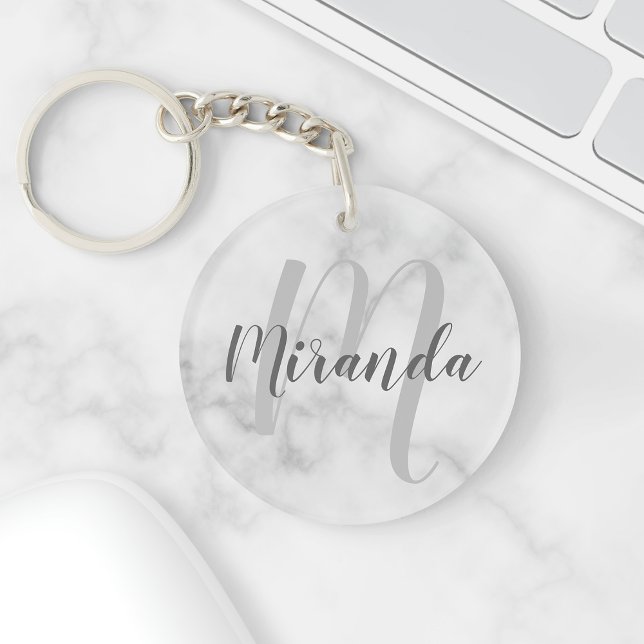 White Marble Script Personalised Monogram and Name Key Ring (Creator Uploaded)