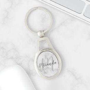 White Marble Script Personalised Monogram and Name Key Ring