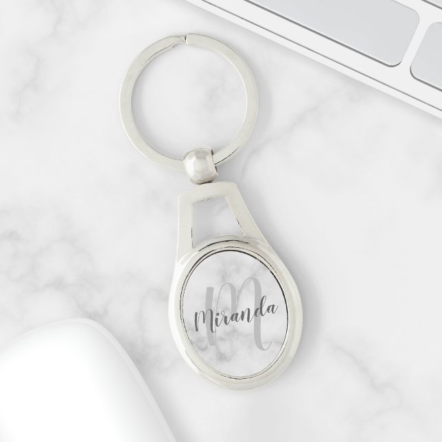 White Marble Script Personalised Monogram and Name Key Ring (Creator Uploaded)