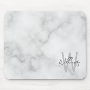 White Marble Script Personalised Monogram and Name Mouse Pad