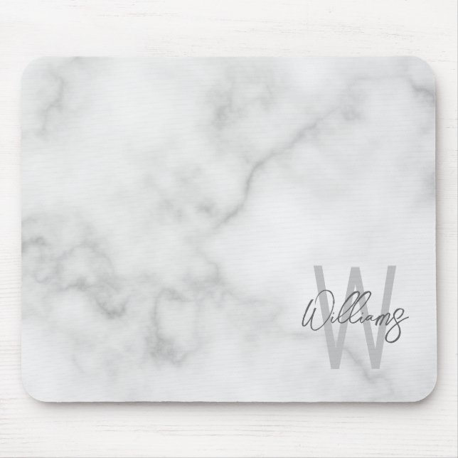 White Marble Script Personalised Monogram and Name Mouse Pad (Front)