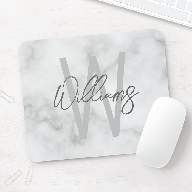 White Marble Script Personalised Monogram and Name Mouse Pad (Creator Uploaded)