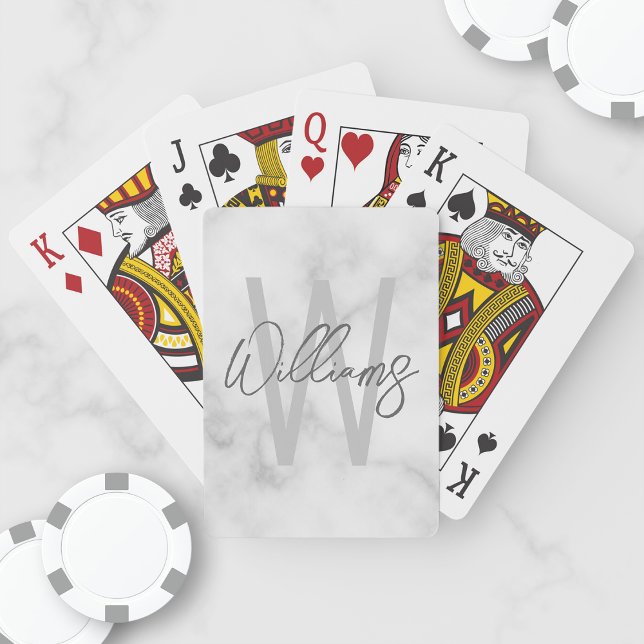 White Marble Script Personalised Monogram and Name Playing Cards (Creator Uploaded)