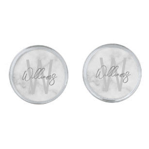 White Marble Script Personalised Monogram and Name Silver Finish Cufflinks