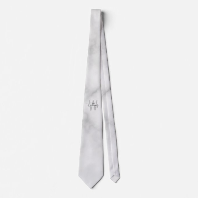 White Marble Script Personalised Monogram and Name Tie (Front)
