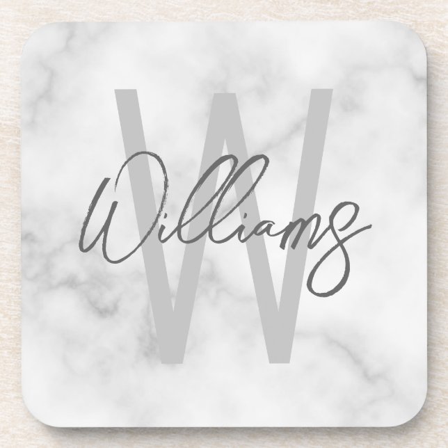 White Marble Script Personalized Monogram and Name Coaster (Front)