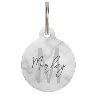 White Marble Script Personalized Monogram and Name Pet Tag