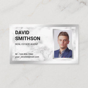 White Marble Silver Foil Real Estate Realtor Photo Business Card