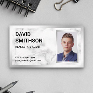 White Marble Silver Foil Real Estate Realtor Photo Business Card