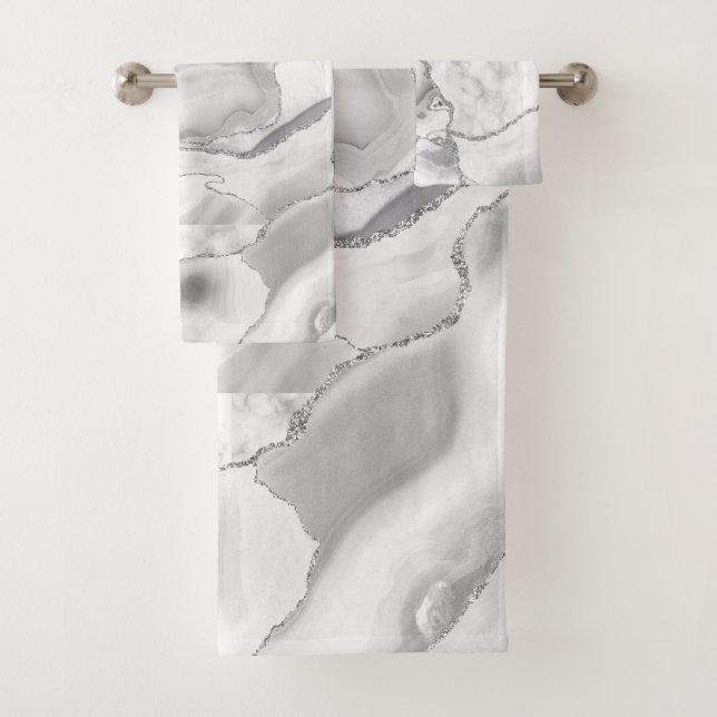 White Marble Silver Glitter Agate Elegant Bath Towel Set (Insitu)