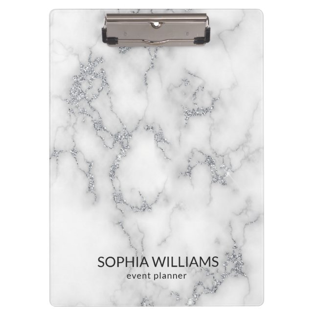 White Marble Silver Glitter Clipboard (Front)