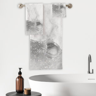 White Marble Silver Glitter Grey Agate Bath Towel Set