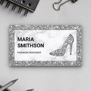 White Marble Silver Glitter High Heels Business Card