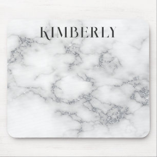 White Marble Silver Glitter Mouse Pad