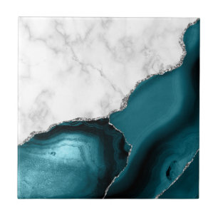 White Marble Silver Glitter Teal Agate Ceramic Tile