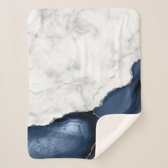 White Marble Silver Navy Blue Agate Sherpa Blanket (Front)