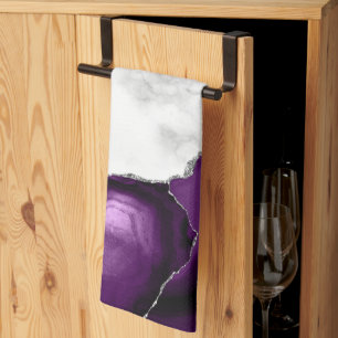 White Marble Silver Purple Agate Tea Towel