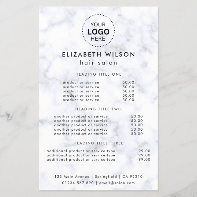 White Marble  | Simple Salon Service Menu Flyer (Front)
