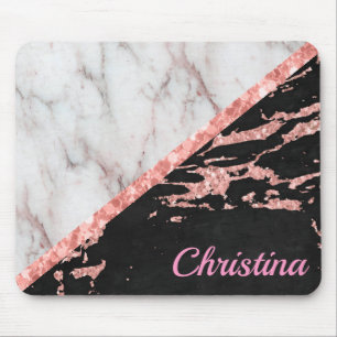 White Marble Stone And Black Pink Glitter Monogram Mouse Pad