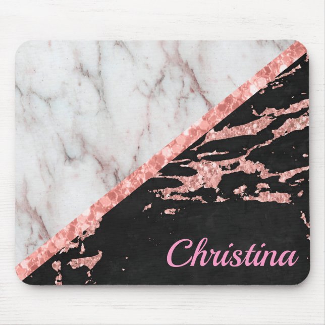 White Marble Stone And Black Pink Glitter Monogram Mouse Pad (Front)