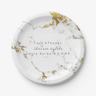 White Marble Stone Carrara Golden Strokes Minimal Paper Plate