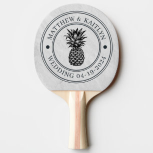 White Marble Stone Pineapple Wedding Crest & Names Ping Pong Paddle