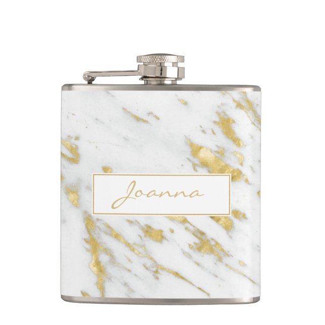White Marble Stone Texture And Gold Glitter Hip Flask (Front)