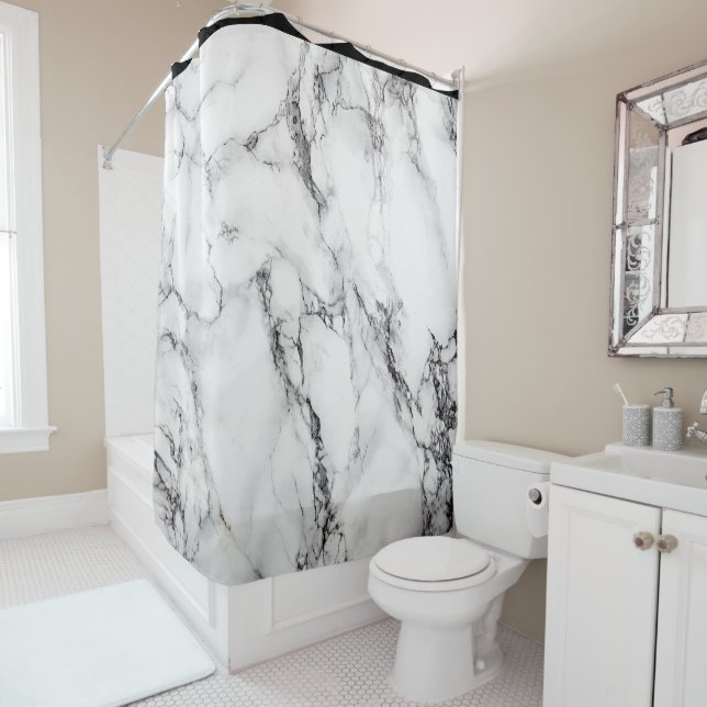 White Marble Stone With Black Stripe Shower Curtain (In Situ)
