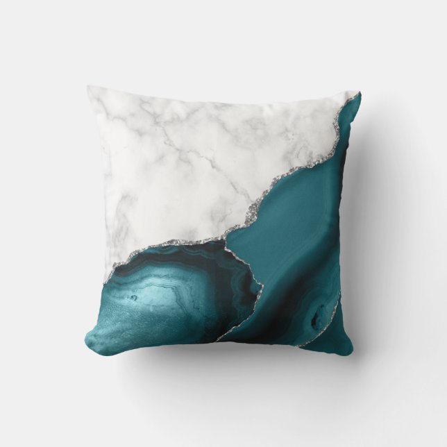 White Marble Teal Agate Silver Cushion (Front)
