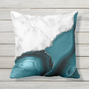 White Marble Teal Agate Silver Cushion