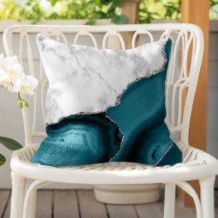 White Marble Teal Agate Silver Cushion