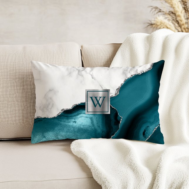 White Marble Teal Agate Silver Glitter Monogram Decorative Cushion (Creator Uploaded)