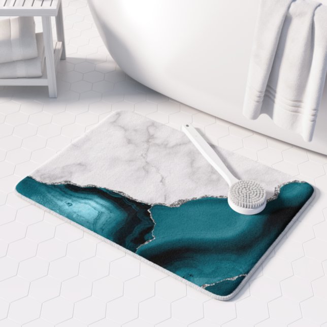 White Marble Teal Blue Agate Silver Bath Mat (Creator Uploaded)