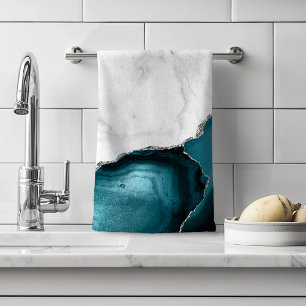 White Marble Teal Blue Agate Silver Hand Towel