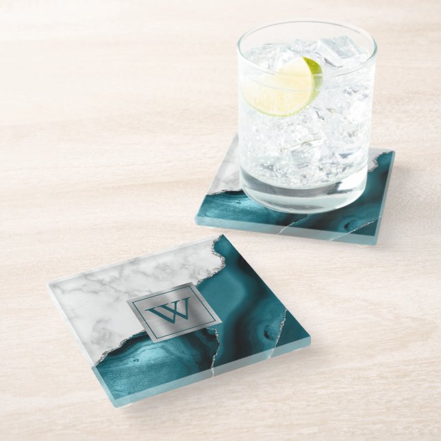 White Marble Teal Blue Agate Silver Monogram Glass Coaster (Angled)