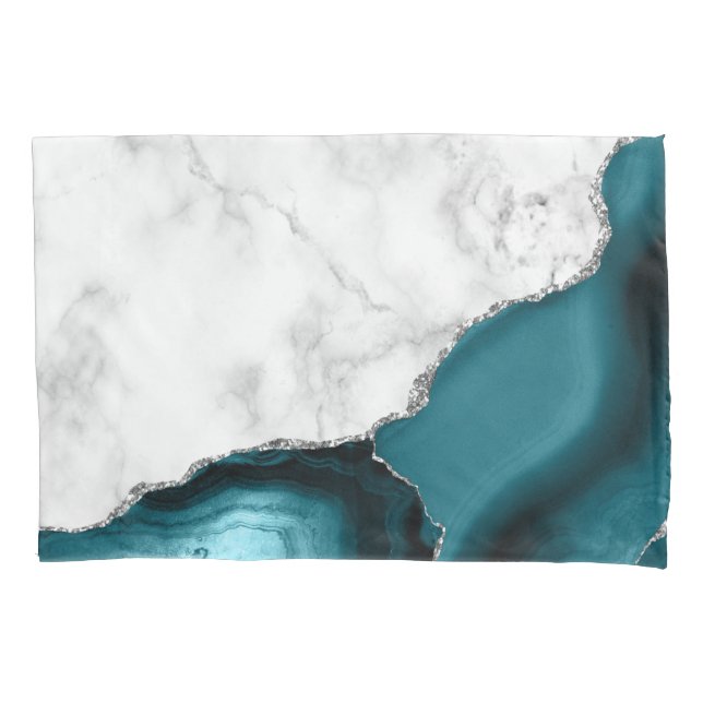 White Marble Teal Blue Agate Silver Pillowcase (Front)
