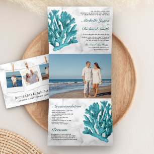 White Marble Teal Coral Reef Coastal Beach Wedding Tri-Fold Invitation