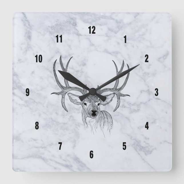 White Marble Texture & Black Deer Illustration Square Wall Clock (Front)