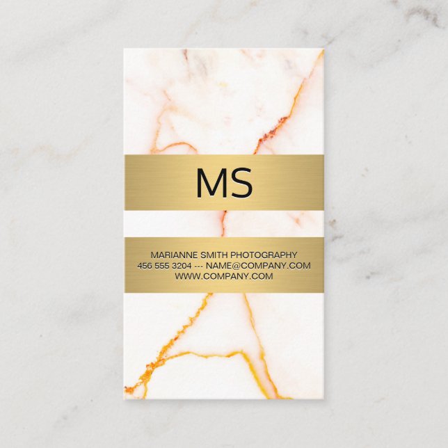 White Marble Texture Gold Metallic Bars Business Business Card (Front)