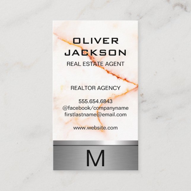 White Marble Texture Silver Metallic Trim Business Card (Front)