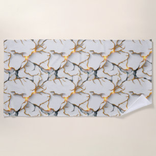 White Marble Texture with Glowing Gold Veins Beach Towel