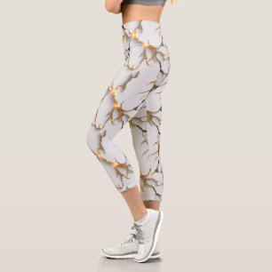 White Marble Texture with Glowing Gold Veins Capri Leggings