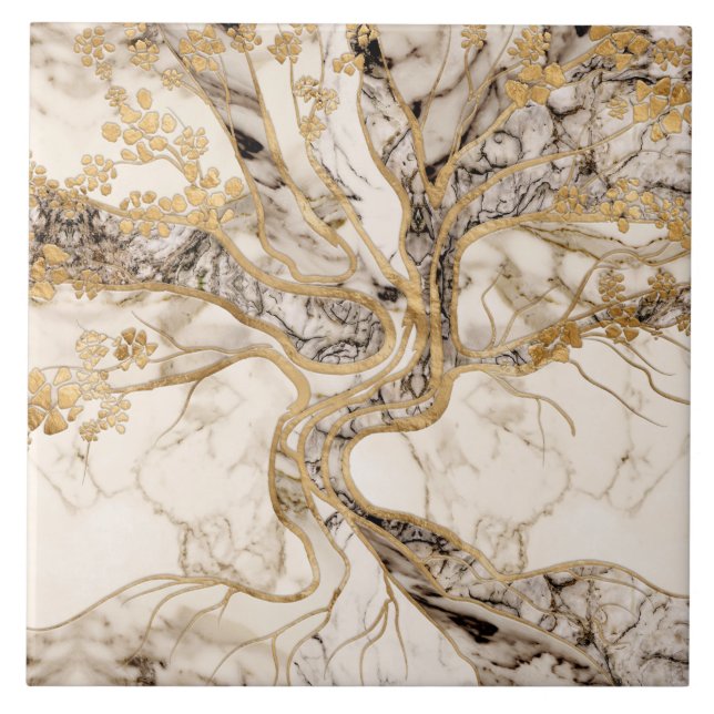 White Marble Tree of Life Abstract Ceramic Tile (Front)